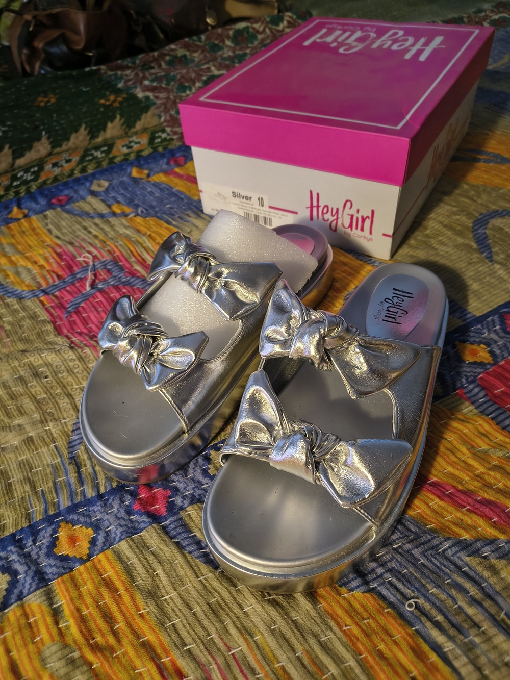 Corkys Metallic Silver Double-Bow Platform Slide Sandals